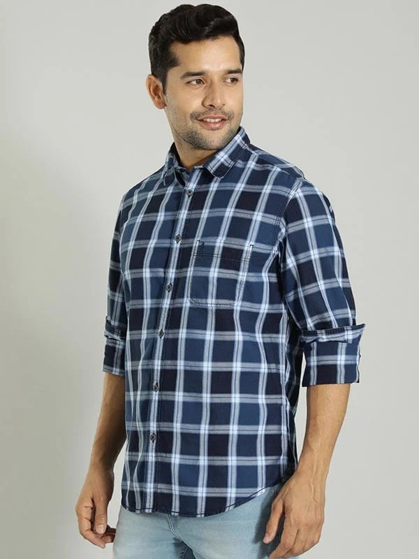 Indian Terrain Men's Slim Fit Full Sleeve Checkered Blue Shirt